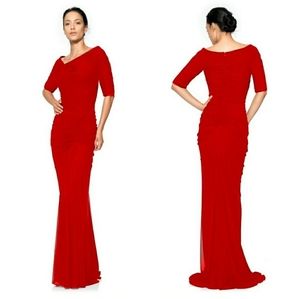 Tadashi Shoji Draped Mesh Evening Gown Maxi Dress in Red sz XL